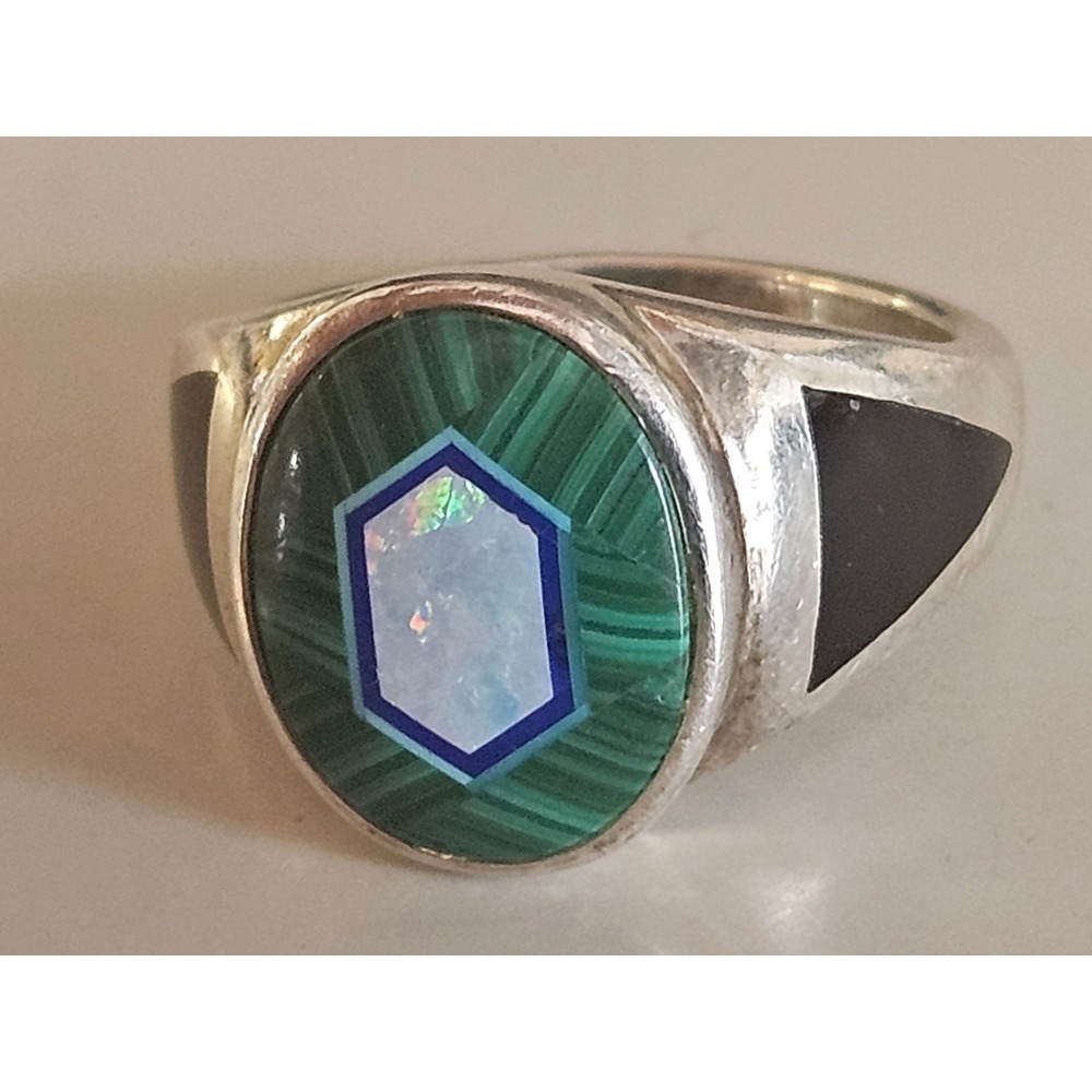 Whitney Kelly 925  Malachite, Lapis, Turquoise, Onyx & Fire Opal Inlay Sz 5.75